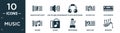 filled music icon set. contain flat quarter note rest, low volume speaker, music player headphones, octave clef, synthesizer,