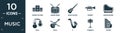 filled music icon set. contain flat sound system, snare drum, bass guitar, cornet, harpsichord, null, viola, s, cymbals, zither