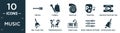 filled music icon set. contain flat tibetan, cowbell, nautilus, phantom, previous track button, bell filled tool, troubadour with