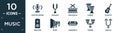 filled music icon set. contain flat voice recording, diapason, percussion, djembe, acoustic, amplifier, music, harmonica, timpani Royalty Free Stock Photo