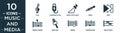 filled music and media icon set. contain flat clef, charging plug, music spotlight, oboe, skip, breath mark, hand mic, minim,