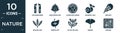 filled nature icon set. contain flat escuamiforme, hawthorn leaf, landscape inside frame, bilberry leaf, obovate, willow leaf,