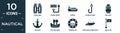 filled nautical icon set. contain flat aqualung, diving mask, vessel, fishing hook, ballast, anchor, old galleon, propeller,