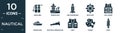 filled nautical icon set. contain flat aqualung, tanker ship, one surfboard, big float, life jacket, cruise ship, nautical