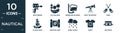 filled nautical icon set. contain flat boat engine, old galleon, snorkling glasses, boat telescope, oars, classic ship, nautical