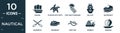 filled nautical icon set. contain flat caravel, starfish with dots, port and starboard, ballast, watercraft, seaworthy, speedboat