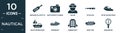 filled nautical icon set. contain flat message in a bottle, water resist camera, sailor, spyglass, jetski facing right, yacht