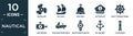 filled nautical icon set. contain flat propeller, big shell, boat bell, captain hat, boat steering wheel, ship engine, roofless