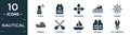 filled nautical icon set. contain flat radar, life jacket, ship engine, capsizing, rudder, gunboat, porthole, scow, lifejacket,