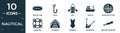 filled nautical icon set. contain flat rescue tube, hook, raft, frigate, radar detection, lifesaver, afterdeck, swimsuit,