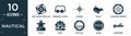 filled nautical icon set. contain flat ship engine propeller, swimming glasses, compass, whale, submarine window, buoys, pearl,