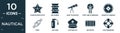 filled nautical icon set. contain flat starfish with dots, big barrel, boat telescope, port and starboard, azimuth compass, knot,