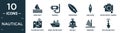 filled nautical icon set. contain flat wood raft, snorkel, surfboard, one kayak, water resist camera, folded map with placeholder