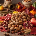 Filled with nuts and a nutcracker complete the rustic, fall-themed Royalty Free Stock Photo