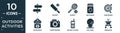 filled outdoor activities icon set. contain flat , cricket, racket, matchbox, dartboard, backpacks, photography, walkie talkies,