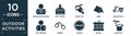 filled outdoor activities icon set. contain flat newspaper readign, disc jockey, freestyle, camp, motorcycle, boy reading, arrest