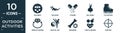 filled outdoor activities icon set. contain flat pachinko, relaxing, vitamin, ballerina, ice skating, jewelry making, martial art