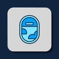 Filled outline Airplane window icon isolated on blue background. Aircraft porthole. Vector