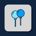 Filled outline Balloons with ribbon icon isolated on blue background. Vector