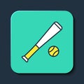 Filled outline Baseball bat with ball icon isolated on blue background. Turquoise square button. Vector Royalty Free Stock Photo