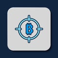 Filled outline Bitcoin in the target icon isolated on blue background. Investment target icon. Vector