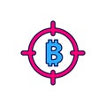 Filled outline Bitcoin in the target icon isolated on white background. Investment target icon. Vector