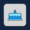 Filled outline Cake with burning candles icon isolated on blue background. Happy Birthday. Vector