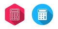 Filled and outline Calculator icon isolated with long shadow background. Accounting symbol. Business calculations