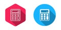 Filled and outline Calculator icon isolated with long shadow background. Accounting symbol. Business calculations