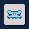 Filled outline Cargo train wagon icon isolated on blue background. Freight car. Railroad transportation. Vector Royalty Free Stock Photo
