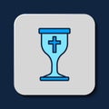 Filled outline Christian chalice icon isolated on blue background. Christianity icon. Happy Easter. Vector
