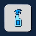 Filled outline Cleaning spray bottle with detergent liquid icon isolated on blue background. Vector