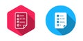 Filled and outline Clipboard with checklist icon isolated with long shadow background. Control list symbol. Survey poll