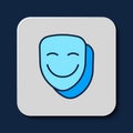 Filled outline Comedy theatrical mask icon isolated on blue background. Vector