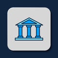 Filled outline Courthouse building icon isolated on blue background. Building bank or museum. Vector