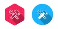 Filled and outline Crossed hammer and wrench spanner icon isolated with long shadow background. Hardware tools. Vector