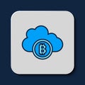 Filled outline Cryptocurrency cloud mining icon isolated on blue background. Blockchain technology, bitcoin, digital