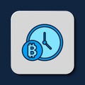 Filled outline Cryptocurrency coin Bitcoin with clock icon isolated on blue background. Physical bit coin. Blockchain