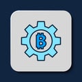Filled outline Cryptocurrency coin Bitcoin icon isolated on blue background. Gear and Bitcoin setting. Blockchain based
