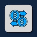 Filled outline Cryptocurrency exchange icon isolated on blue background. Bitcoin to dollar exchange icon. Cryptocurrency