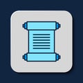 Filled outline Decree, paper, parchment, scroll icon icon isolated on blue background. Vector