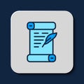 Filled outline Decree, paper, parchment, scroll icon icon isolated on blue background. Vector