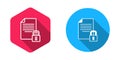 Filled and outline Document and lock icon isolated with long shadow background. File format and padlock. Security
