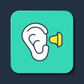 Filled outline Earplugs and ear icon isolated on blue background. Ear plug sign. Noise symbol. Sleeping quality concept