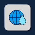 Filled outline Earth planet in water drop icon isolated on blue background. World globe. Saving water and world Royalty Free Stock Photo