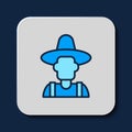 Filled outline Farmer in the hat icon isolated on blue background. Vector