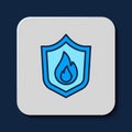 Filled outline Fire protection shield icon isolated on blue background. Insurance concept. Security, safety, protection
