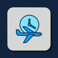 Filled outline Flight time icon isolated on blue background. Vector