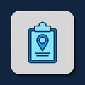 Filled outline Folded map with location marker icon isolated on blue background. Vector