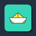 Filled outline Folded paper boat icon isolated on blue background. Origami paper ship. Turquoise square button. Vector